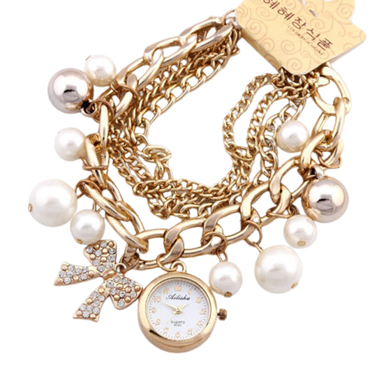 Golden Watch Pearls Bracelet