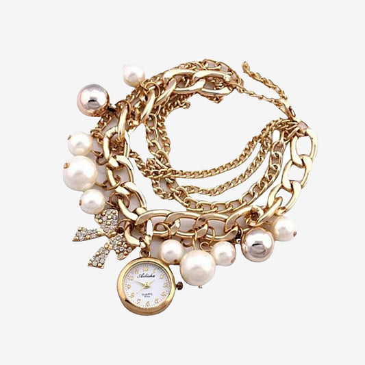 Golden Watch Pearls Bracelet