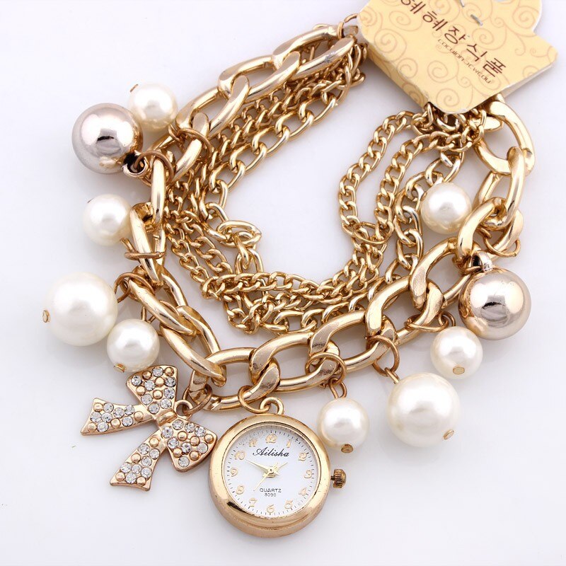 Golden Watch Pearls Bracelet